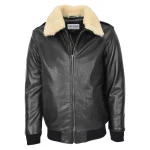 Bomber Leather Jacket For Men with Sheepskin Collar Viggo Black