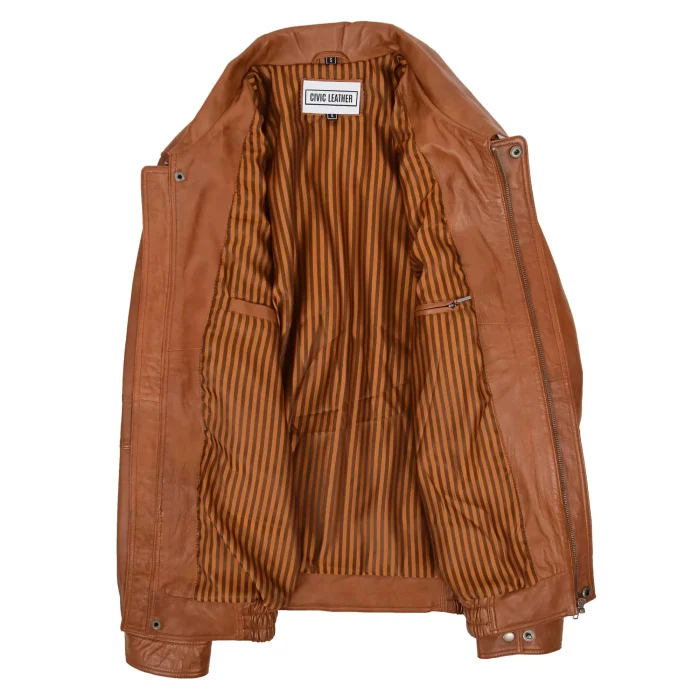 Mens Classic Leather Bomber Jacket Jim Tan 4