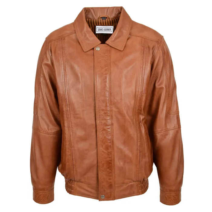 Mens Classic Leather Bomber Jacket Jim Tan