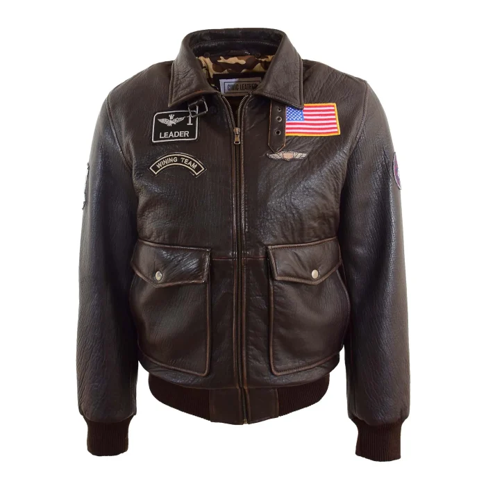 Mens Real Leather G-1 Bomber Jacket Airforce Badges FINCH Browns