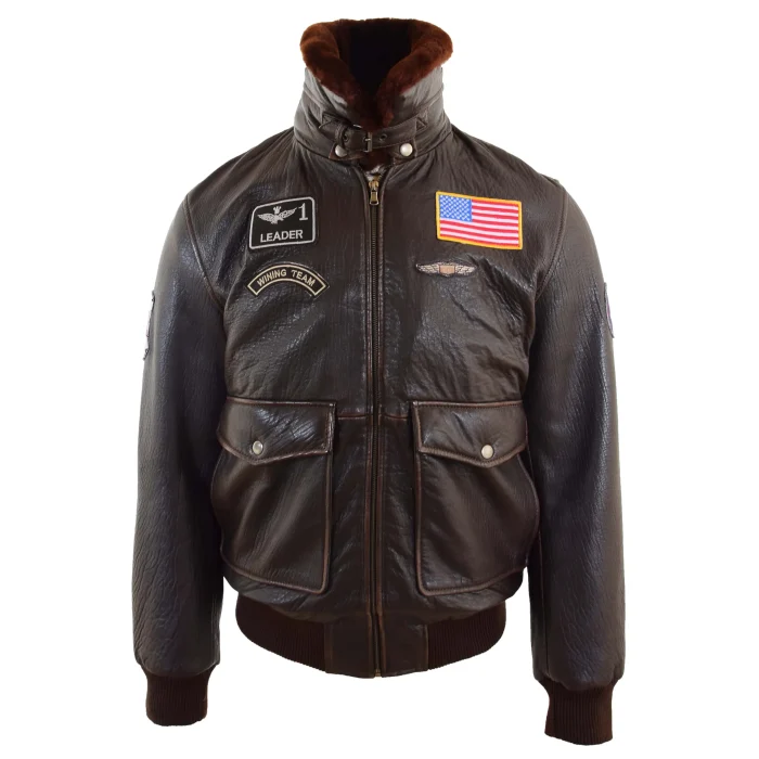 Mens Real Leather G-1 Bombers Jacket Airforce Badges FINCH Brown