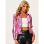 Allegra K Women’s Track Holographic Shiny Long Sleeve Metallic Zip Front Jacket