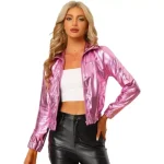 Allegra K Women’s Track Holographic Shiny Long Sleeve Metallic Zip Front Jacket