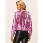 Allegra K Women’s Track Holographic Shiny Long Sleeve Metallic Zip Front Jacket