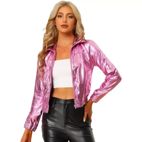 Allegra K Women’s Track Holographic Shiny Long Sleeve Metallic Zip Front Jacket