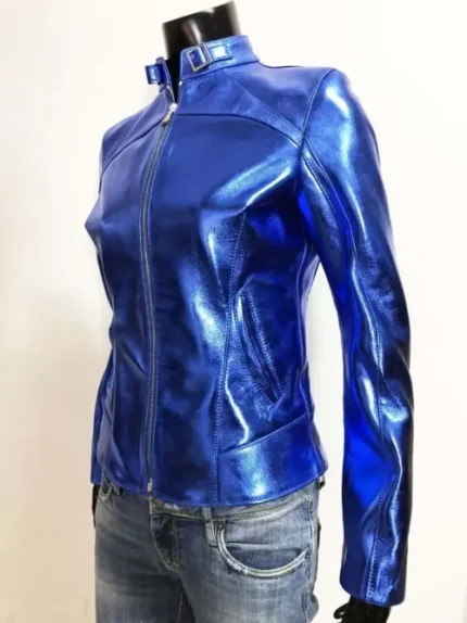 Italian Handmade Women Genuine Lamb Leather Slim Fit Jacket Metallic Blue