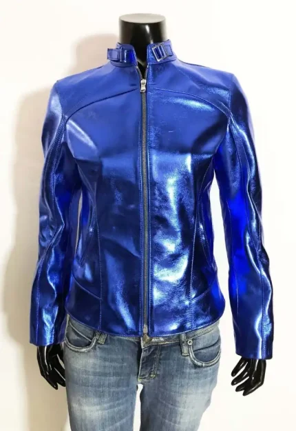 Italian Handmade Women Genuine Lamb Leather Slim Fit Jacket Metallic Blue