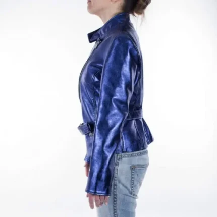 Italian Handmade Women Genuine Lambskin Leather Biker Jacket Slim Fit Metallic Blue