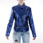 Italian Handmade Women Genuine Lambskin Leather Biker Jacket Slim Fit Metallic Blue