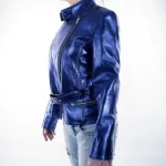 Italian Handmade Women Genuine Lambskin Leather Biker Jacket Slim Fit Metallic Blue