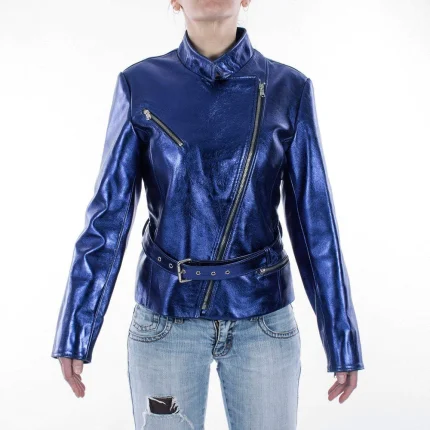 Italian Handmade Women Genuine Lambskin Leather Biker Jacket Slim Fit Metallic Blue