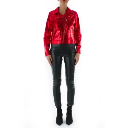 Italian Handmade Women Genuine Lambskin Leather Biker Jacket Slim Fit Metallic Red