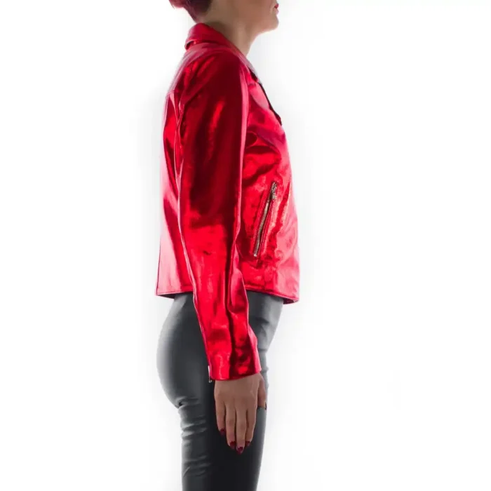 Italian Handmade Women Genuine Lambskin Leather Biker Jacket Slim Fit Metallic Red