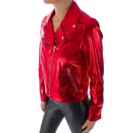 Italian Handmade Women Genuine Lambskin Leather Biker Jacket Slim Fit Metallic Red