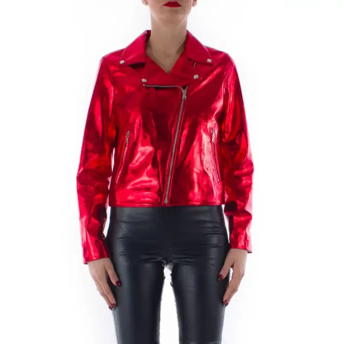 Italian Handmade Women Genuine Lambskin Leather Biker Jacket Slim Fit Metallic Red