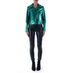 Italian Handmade Women Genuine Lambskin Leather Biker Jacket Slim Fit Metallic Teal