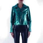 Italian Handmade Women Genuine Lambskin Leather Biker Jacket Slim Fit Metallic Teal