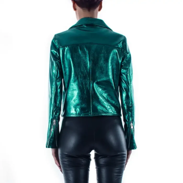 Italian Handmade Women Genuine Lambskin Leather Biker Jacket Slim Fit Metallic Teal