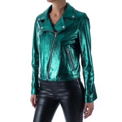 Italian Handmade Women Genuine Lambskin Leather Biker Jacket Slim Fit Metallic Teal