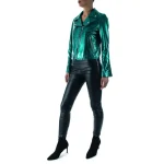 Italian Handmade Women Genuine Lambskin Leather Biker Jacket Slim Fit Metallic Teal