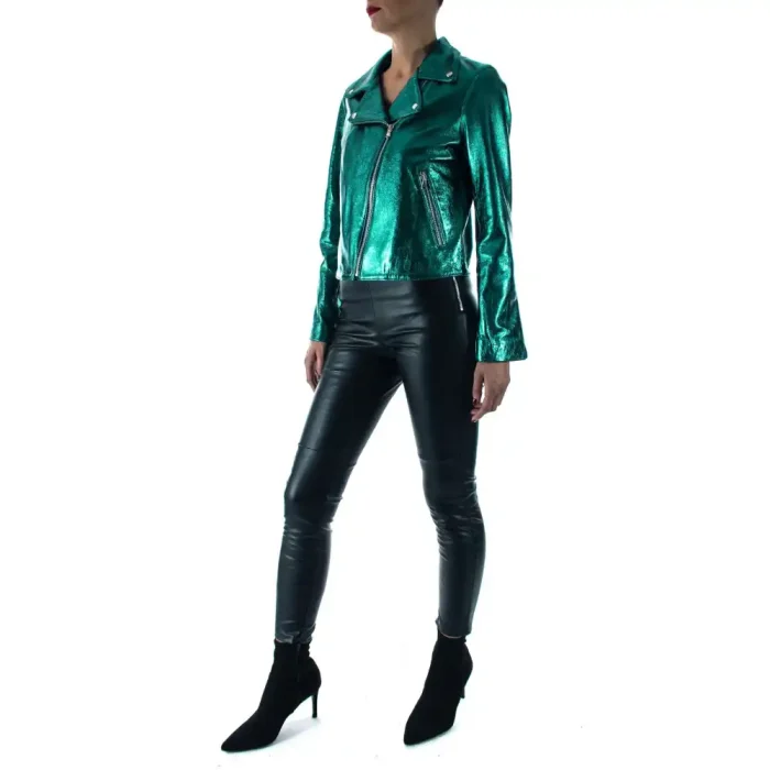 Italian Handmade Women Genuine Lambskin Leather Biker Jacket Slim Fit Metallic Teal