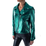 Italian Handmade Women Genuine Lambskin Leather Biker Jacket Slim Fit Metallic Teal