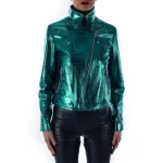 Italian Handmade Women Genuine Lambskin Leather Biker Jacket Slim Fit Metallic Teal