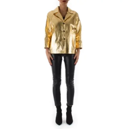 Italian Handmade Women Genuine Lambskin Leather Jacket Color Metallic Gold