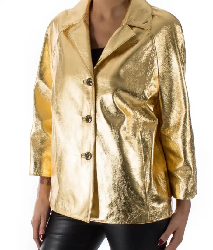 Italian Handmade Women Genuine Lambskin Leather Jacket Color Metallic Gold