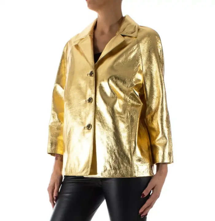 Italian Handmade Women Genuine Lambskin Leather Jacket Color Metallic Gold