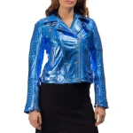 Italian Handmade Women Genuine Leather Biker Jacket Metallic Cobalt Blue