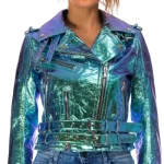 Italian Handmade Women Genuine Leather Biker Jacket Metallic Holographic Green Crackled