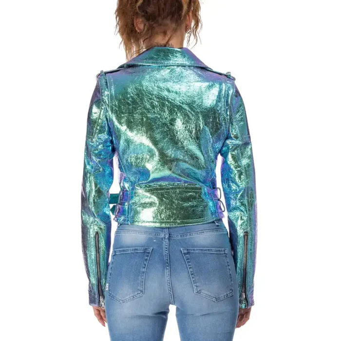 Italian Handmade Women Genuine Leather Biker Jacket Metallic Holographic Green Crackled