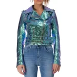 Italian Handmade Women Genuine Leather Biker Jacket Metallic Holographic Green Crackled