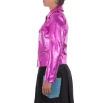 Italian Handmade Women Genuine Leather Biker Jacket Slim Fit Metallic Hot Pink Fuchsia