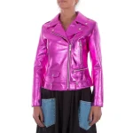 Italian Handmade Women Genuine Leather Biker Jacket Slim Fit Metallic Hot Pink Fuchsia