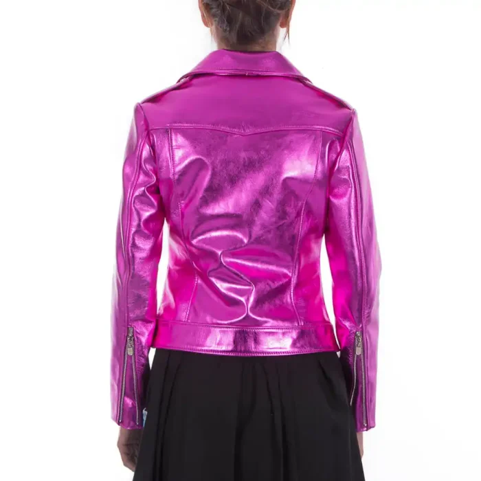 Italian Handmade Women Genuine Leather Biker Jacket Slim Fit Metallic Hot Pink Fuchsia