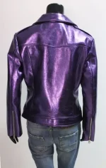 Italian Handmade Women Lamb Genuine Leather Biker Jacket In Metallic Purple