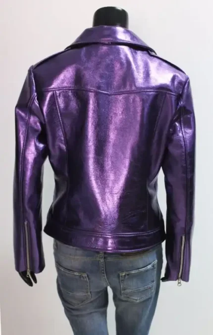 Italian Handmade Women Lamb Genuine Leather Biker Jacket In Metallic Purple