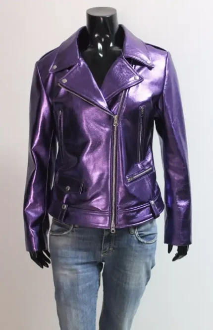 Italian Handmade Women Lamb Genuine Leather Biker Jacket In Metallic Purple