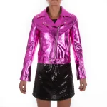 Italian Handmade Women Soft Genuine Lambskin Lamb Leather Biker Jacket Metallic Hot Pink Fuchsia