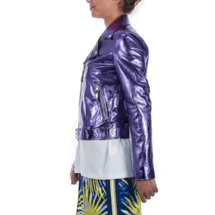 Italian Handmade Women Soft Genuine Lambskin Lamb Leather Biker Jacket Metallic Purple