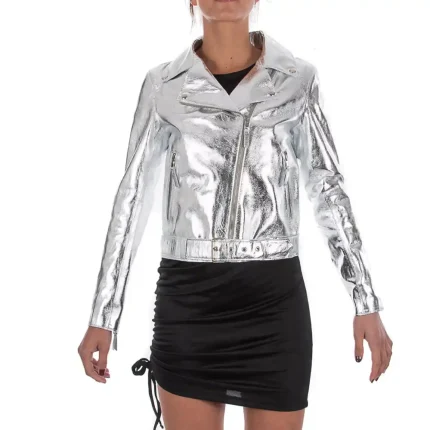 Italian Handmade Women Soft Genuine Lambskin Lamb Leather Biker Jacket Metallic Silver