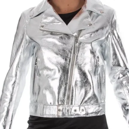 Italian Handmade Women Soft Genuine Lambskin Lamb Leather Biker Jacket Metallic Silver