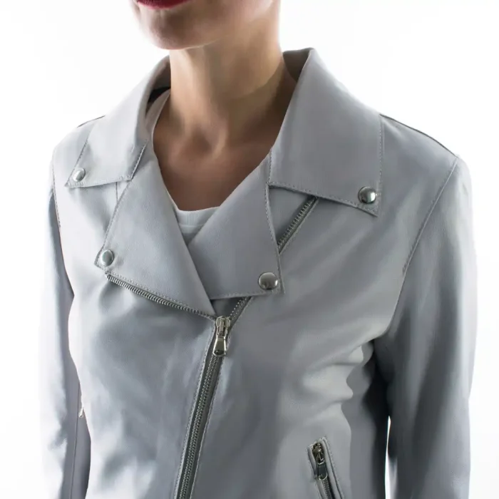 Italian Handmade Women Soft Genuine Lambskin Lamb Leather Biker Jacket Slim Fit Color Grey