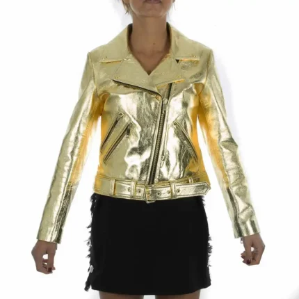 Italian handmade Women genuine lamb leather biker jacket slim fit metallic gold