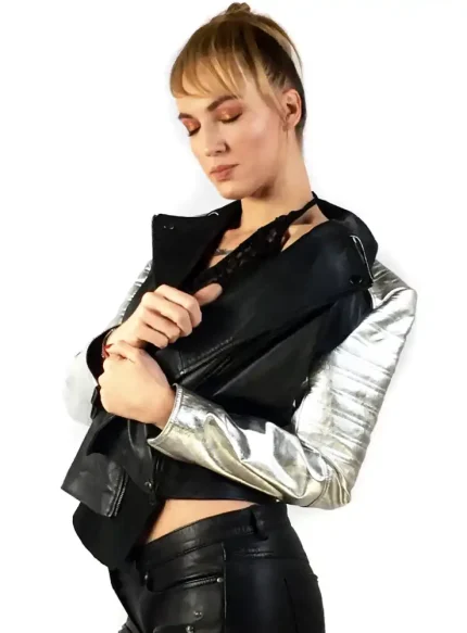 Leather Christmas Vintage Motorcycle Biker Women Jacket with Metallic Silver Padded Sleeve