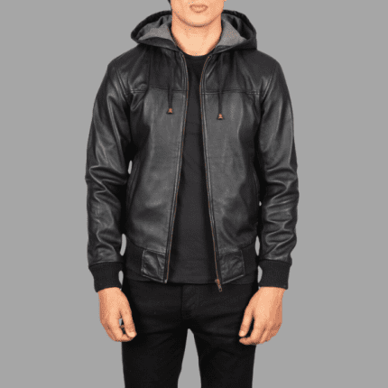 Nintenzo Black Hooded Leather Bomber Jacket