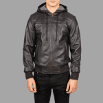 Nintenzo Brown Hooded Leather Bomber Jacket