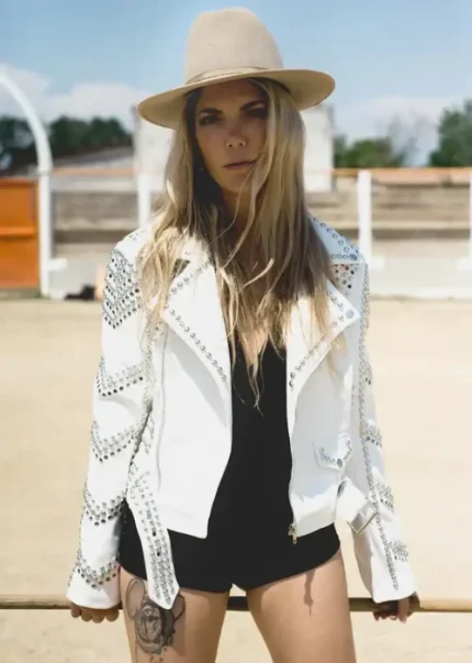 White Leather Moto Jacket With Studs